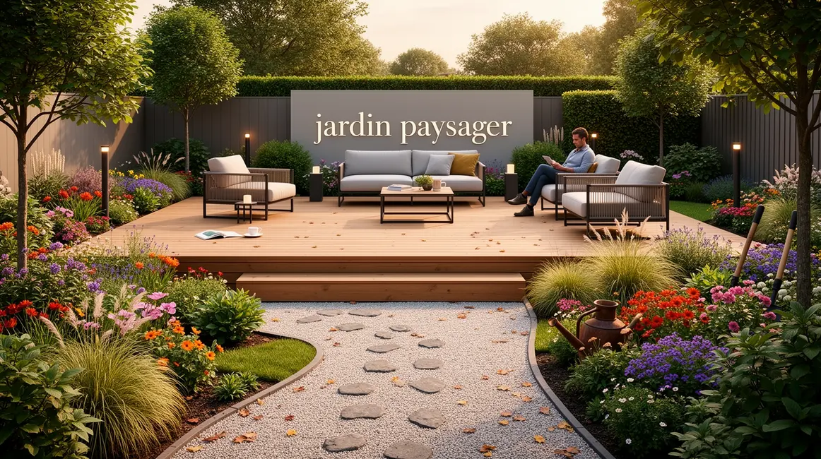 Vue jardin paysager harmonieux moderne
