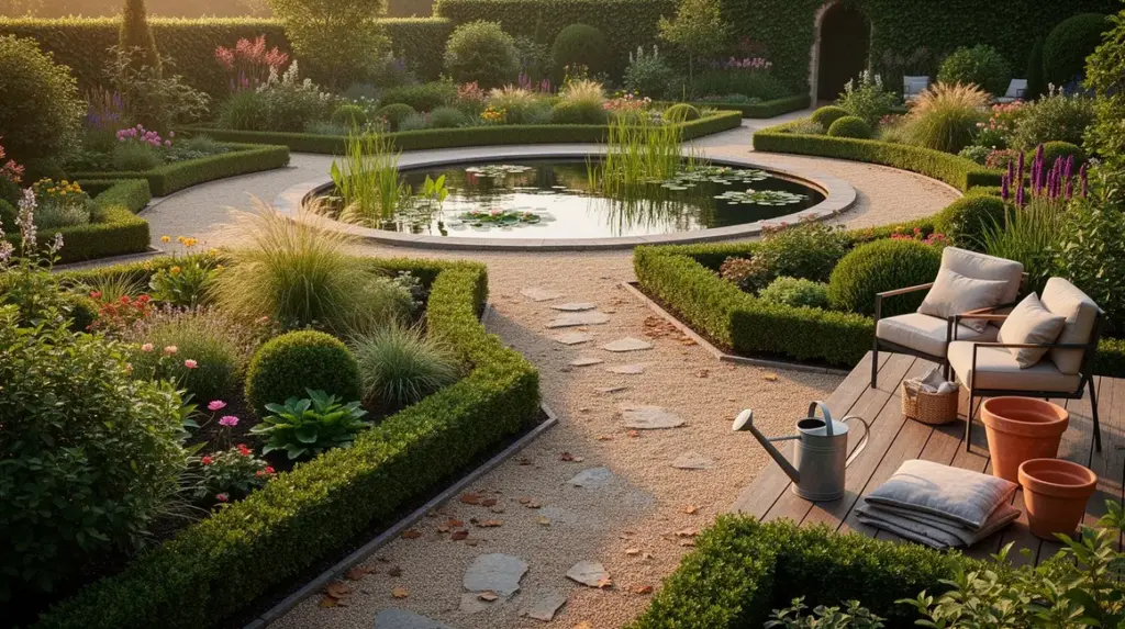 vue photorealiste d'un jardin paysager soigneusement structure