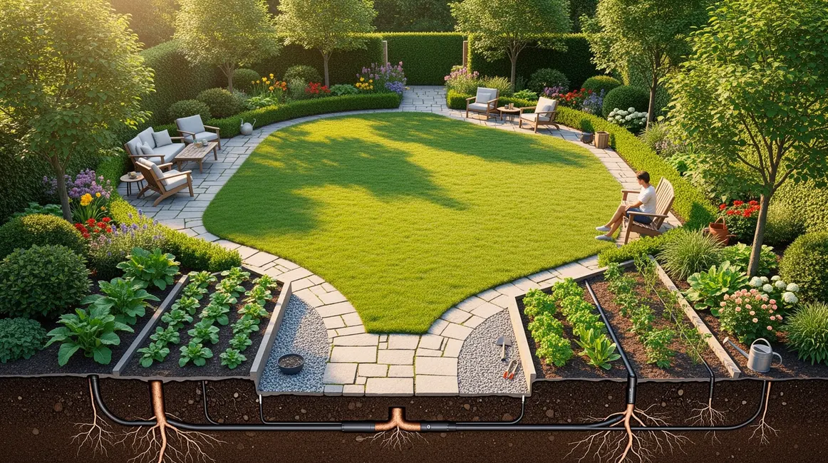 Vue aérienne d'un jardin paysager structuré avec zones et allées