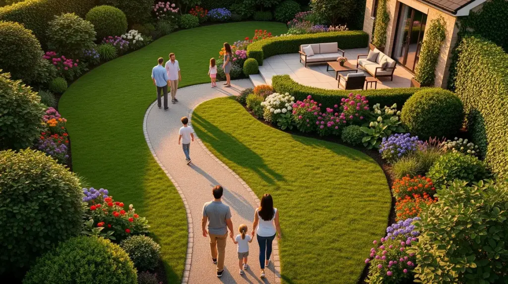 Vue panoramique jardin paysager chemin terrasse haies