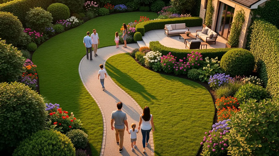 Vue panoramique jardin paysager chemin terrasse haies