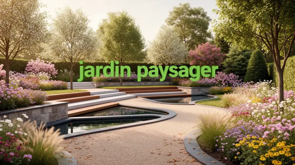 jardin paysager harmonieux avec chemins terrasses bassins