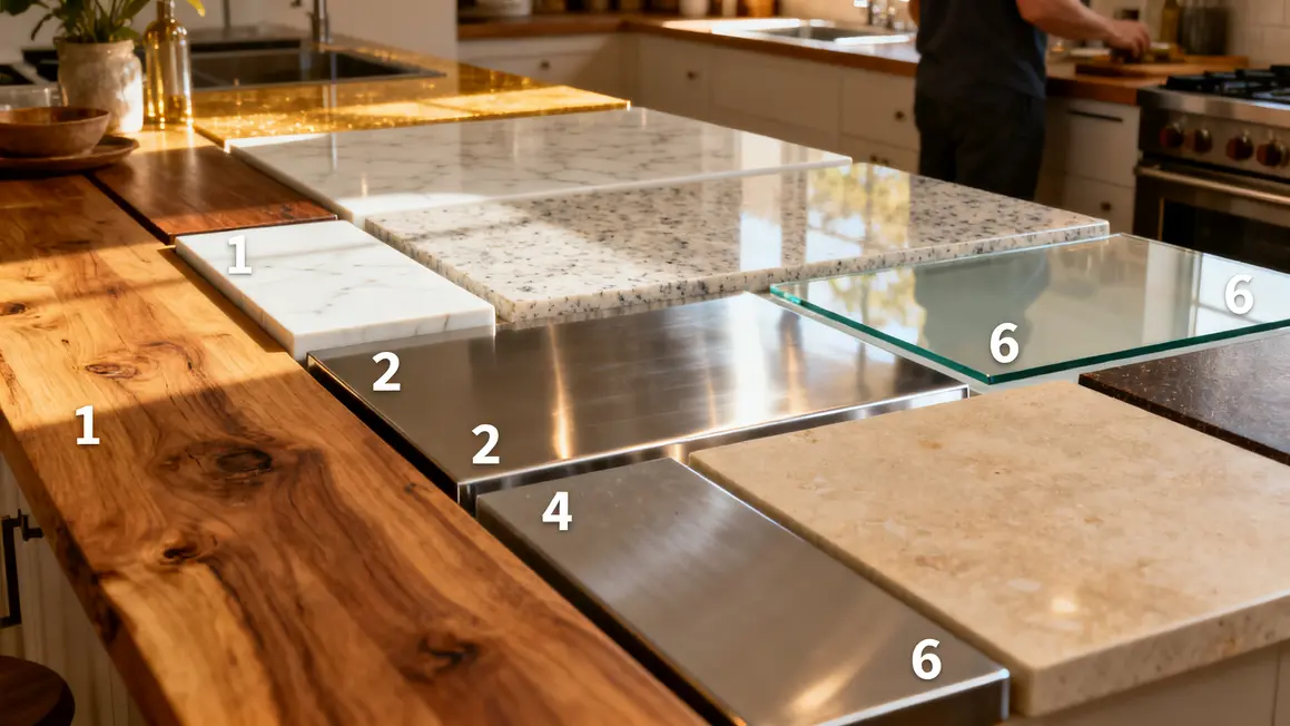 Plans de travail cuisine ouverte en bois, inox, quartz