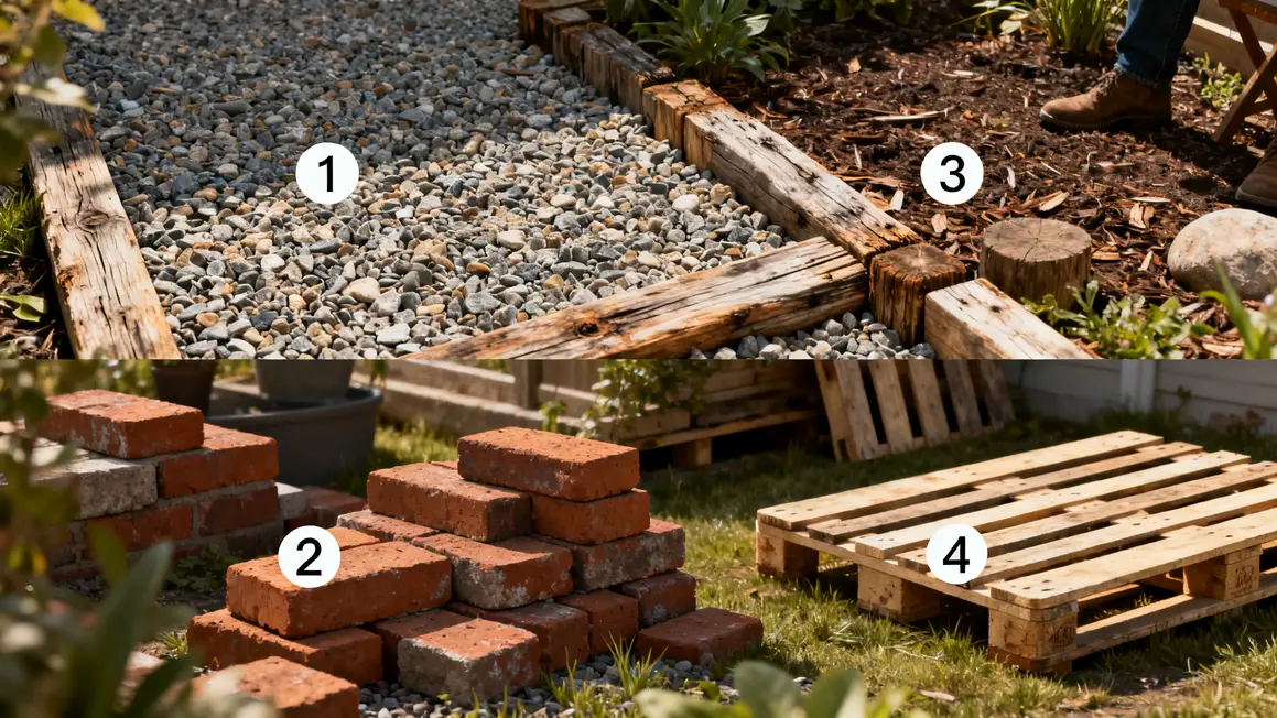 jardin paysager : priorités à vérifier en premier en petit budget 4 Gravier bois palettes briques jardin budget