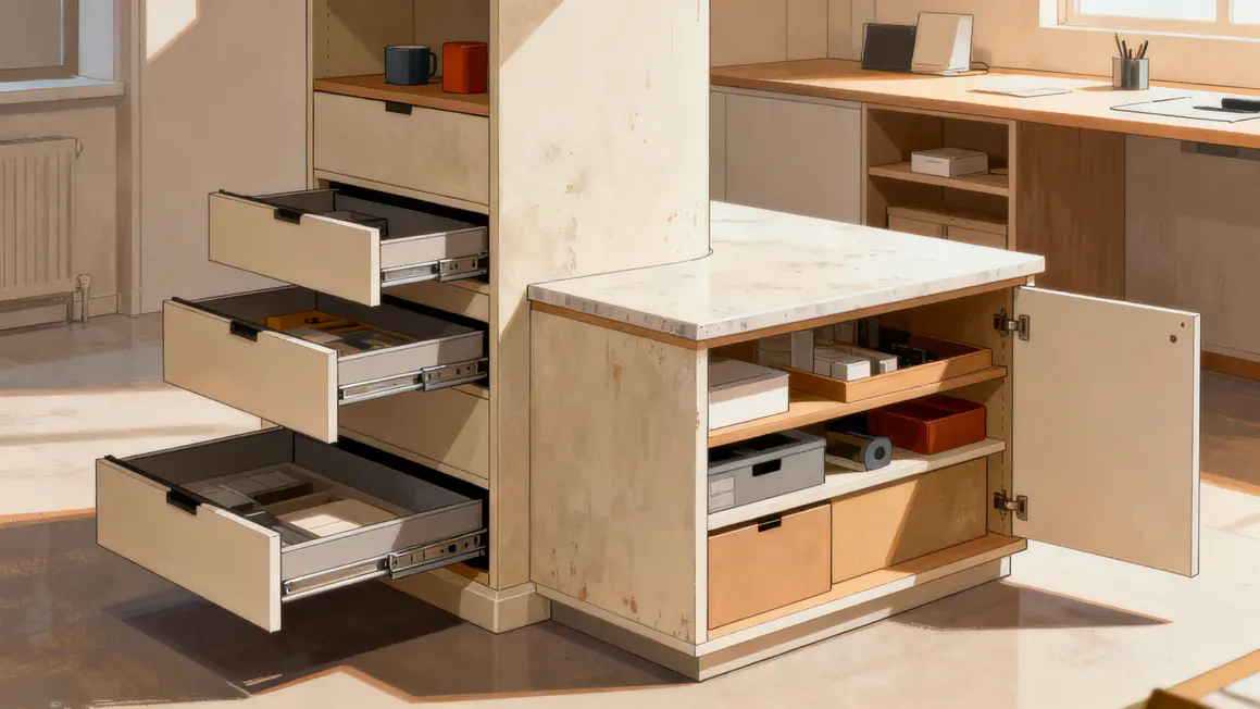 rangements colonne tiroirs ilot cuisine ouverte espace optimise