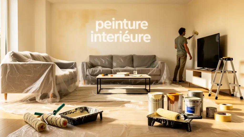 Salon moderne prêt à peindre, meubles protégés, outils peinture intérieure