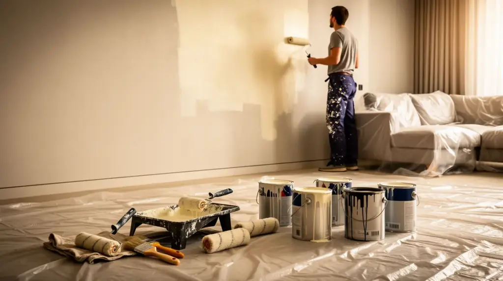 peinture interieure mur clair outils rouleaux pinceaux meubles proteges