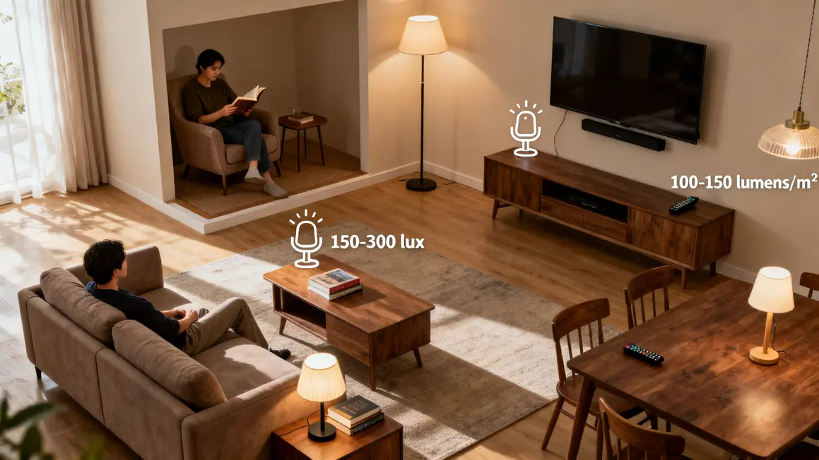 éclairage du salon : guide pratique pour bien commencer 3 Schéma besoins eclairage salon zones lux lumens