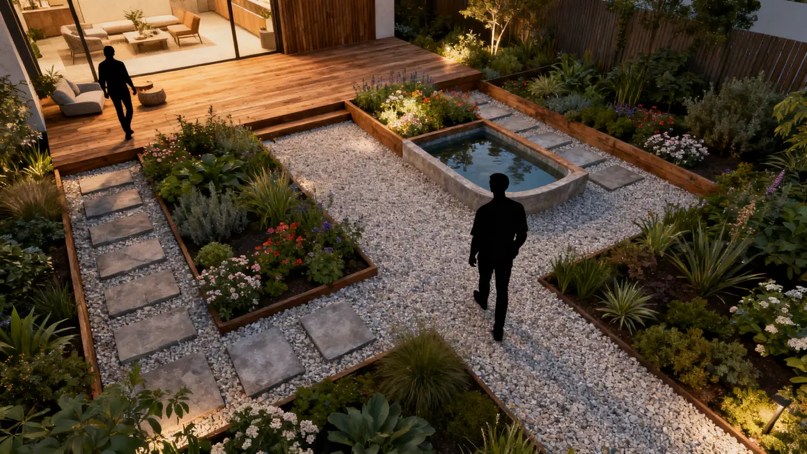 Plan jardin paysager structuré moderne