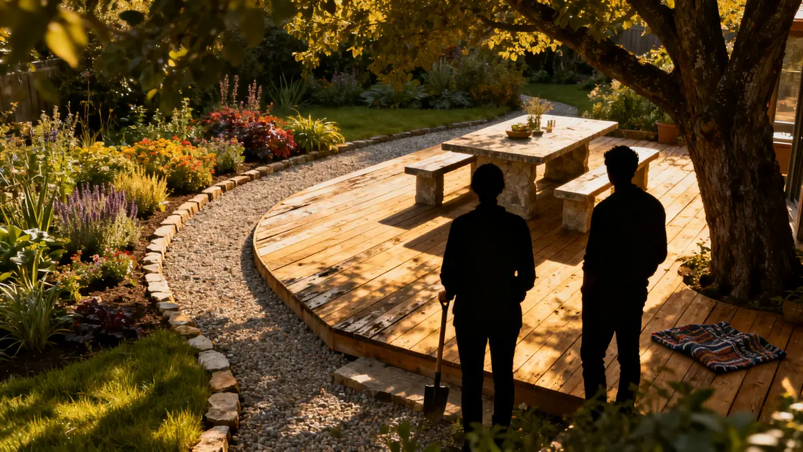 Plan jardin paysager terrasse bois et massifs fleuris