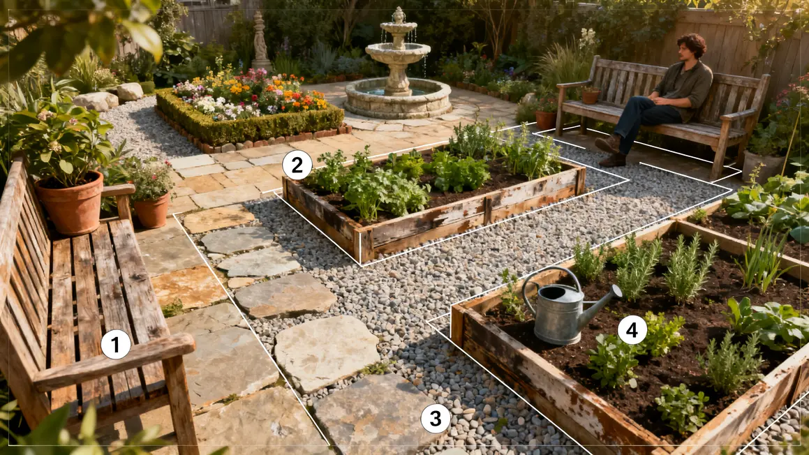 illustration plan jardin paysager zones fonctionnelles gravier