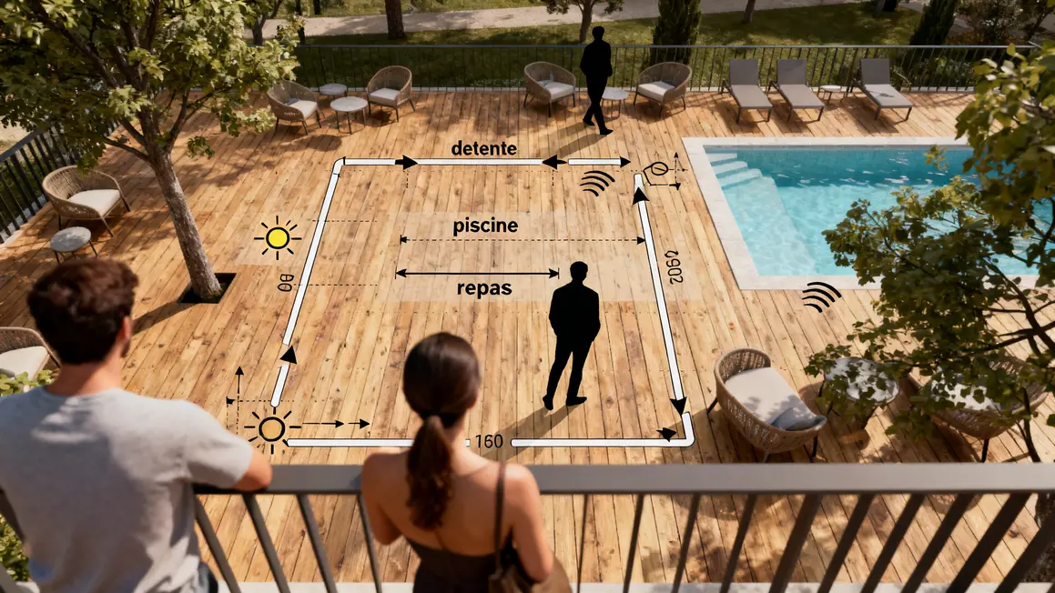 terrasse bois : checklist avant de se lancer 3 Plan terrasse bois zones détente repas piscine