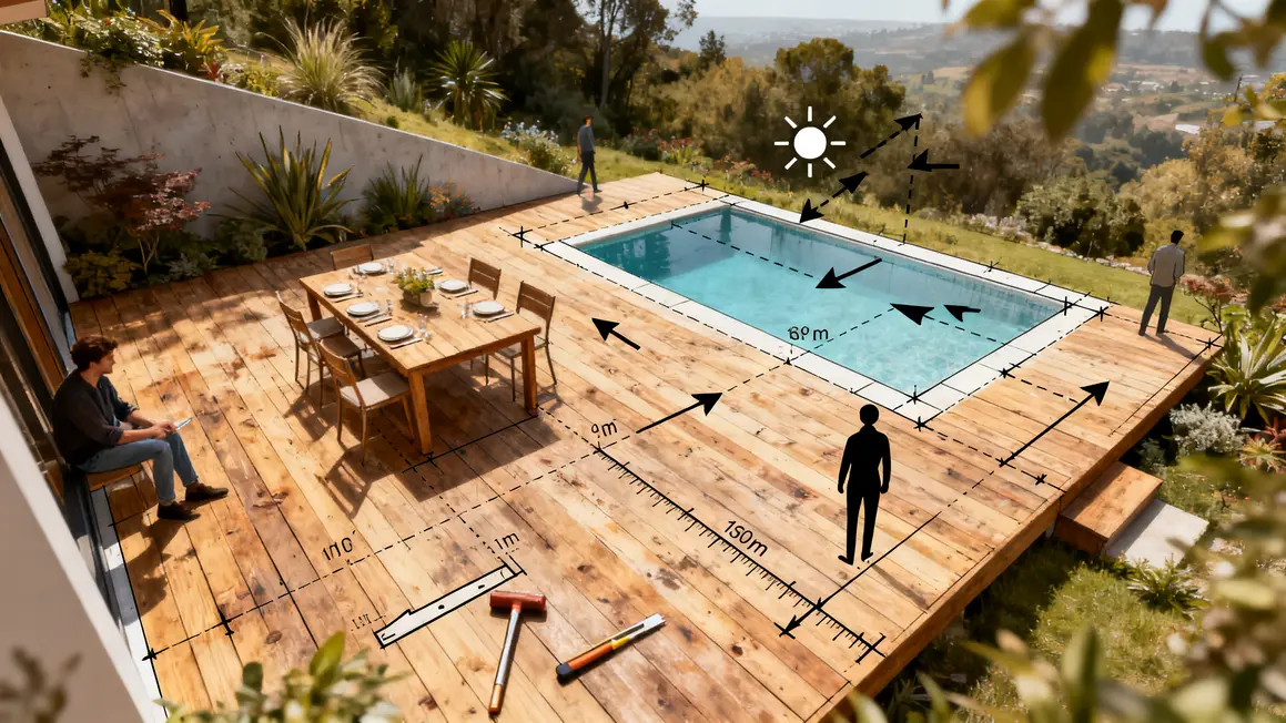 Croquis terrasse bois coin repas et orientation soleil