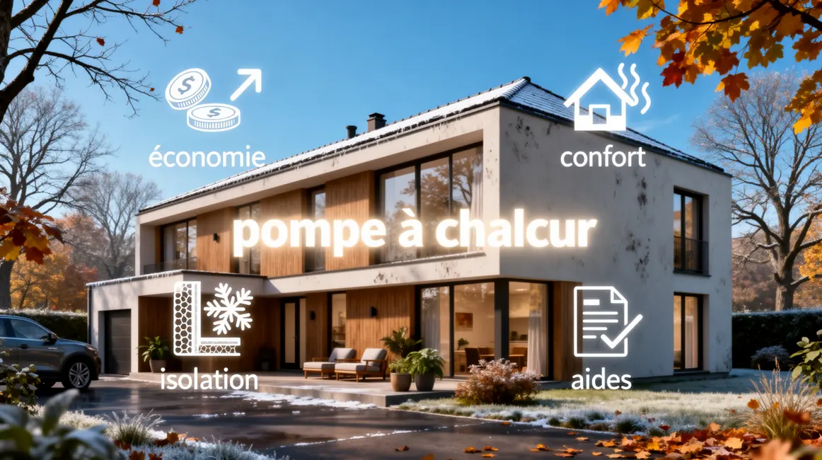Maison avec pompe à chaleur et icônes économies aides