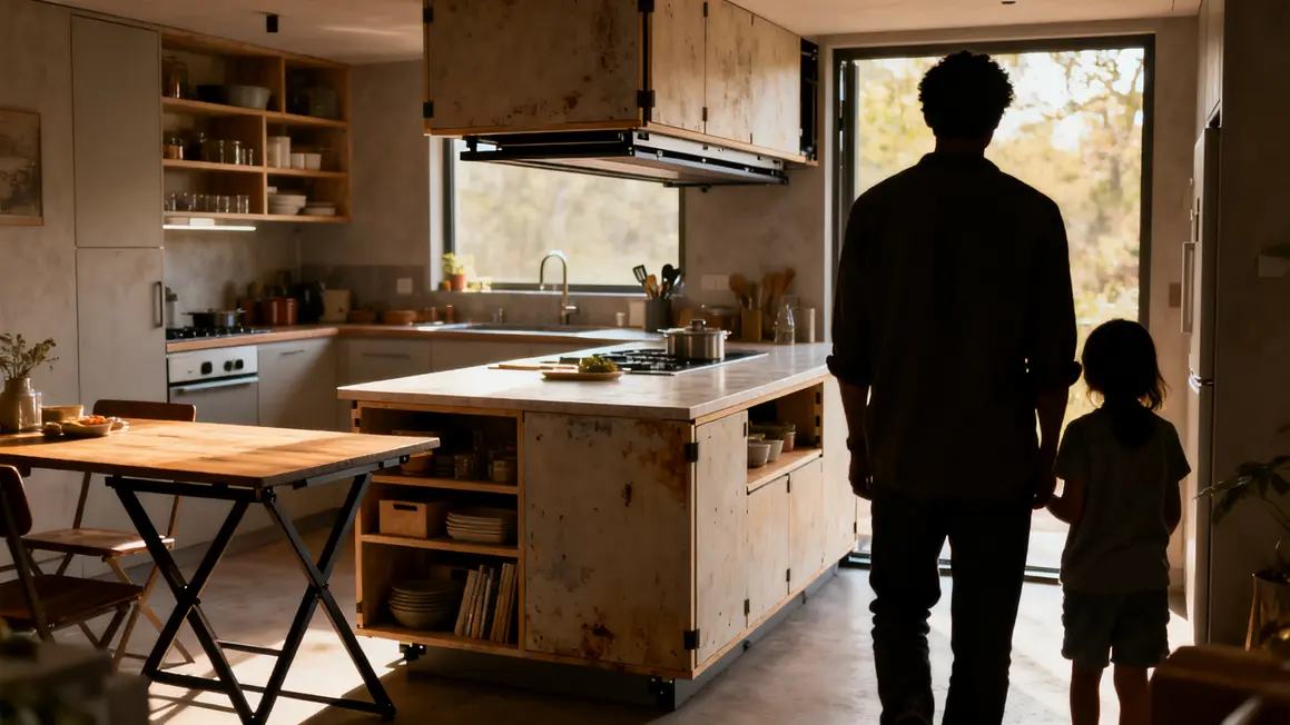 Organisation cuisine ouverte petit budget avec ilot multifonction