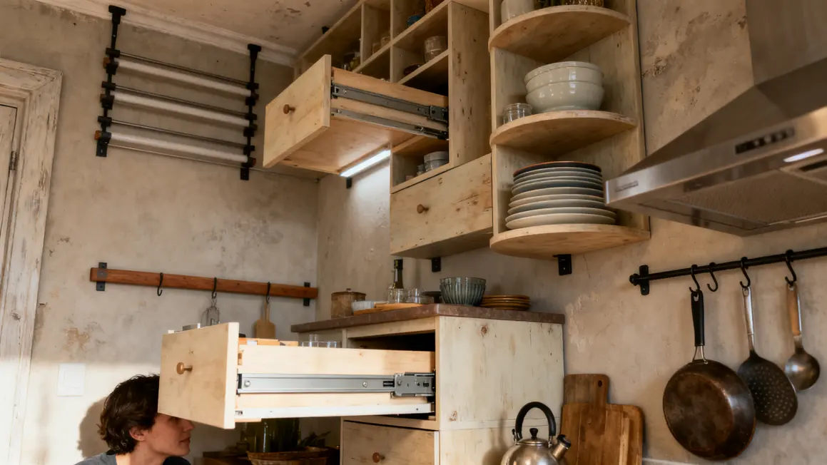 cuisine ouverte : guide pratique pour bien commencer en petit budget 4 Organisation rangement cuisine ouverte, tiroirs coulissants, modules plafond