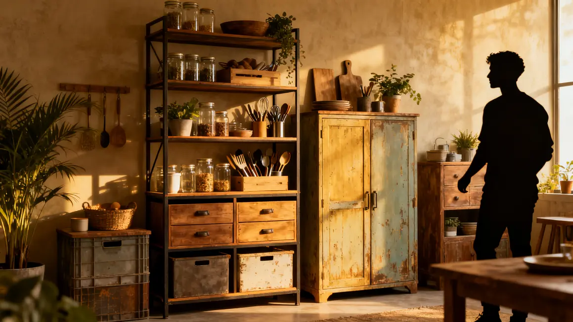 Rangements cuisine ouverte étagères et tiroirs