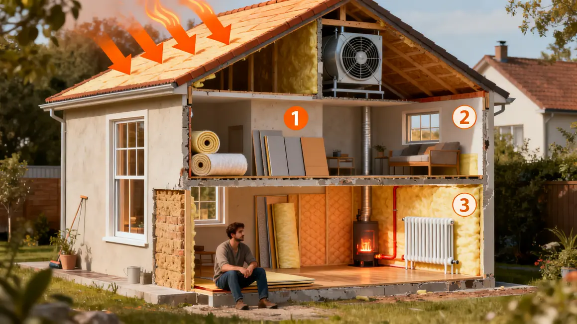 rénovation énergétique : guide débutant sans jargon en petit budget 3 Schéma coupe maison, pertes de chaleur, isolation, ventilation, chauffage