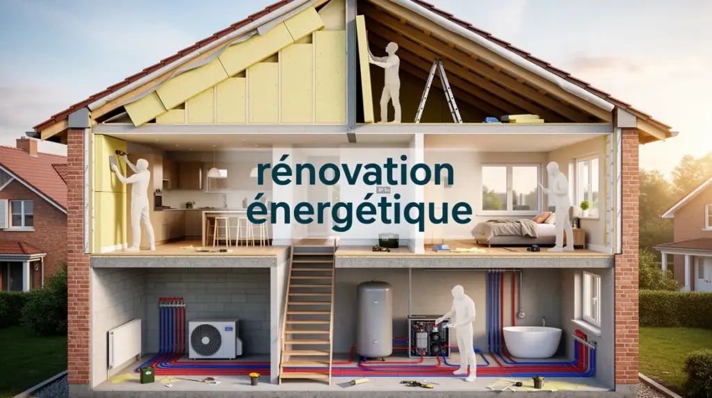 Coupe photo d'une maison rénovée, isolation murs toiture fenêtres, systèmes performants