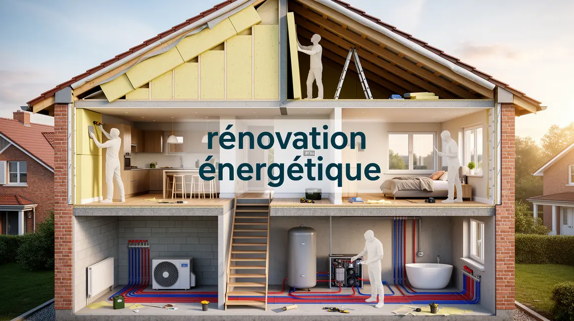 rénovation énergétique : plan d’action simple et réaliste 2 Coupe photo d'une maison rénovée, isolation murs toiture fenêtres, systèmes performants