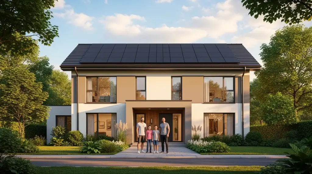 Maison moderne rénovée énergétiquement avec panneaux solaires et famille
