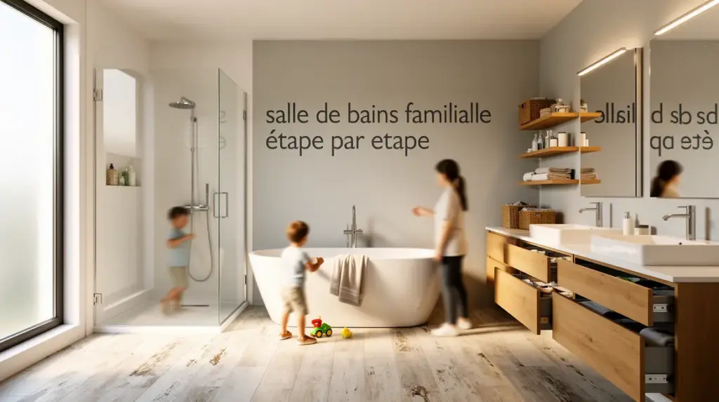 Salle de bains familiale moderne zones distinctes et silhouettes en mouvement