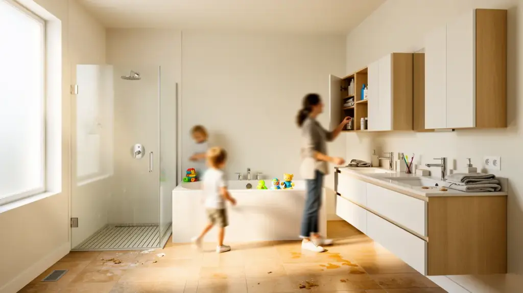Salle de bains familiale avec meubles suspendus et douche italienne