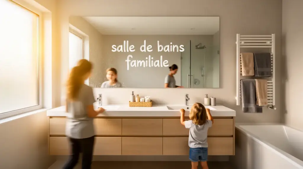 Salle de bains familiale avec adultes et enfants, ambiance moderne