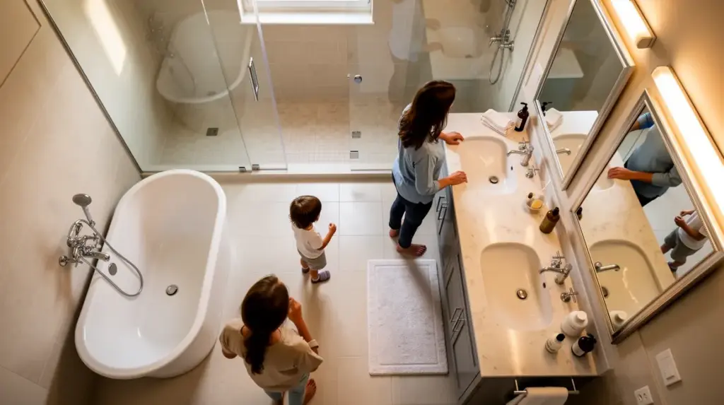 Salle de bains familiale vue dessus baignoire douche double vasque