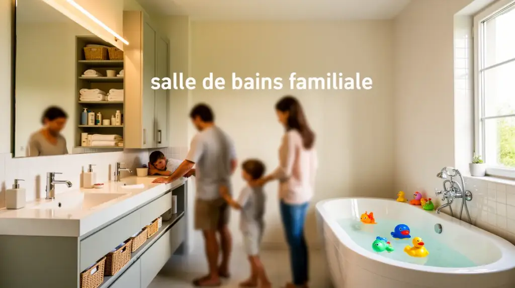 Salle de bains familiale moderne, double vasque, rangements, parents et enfants