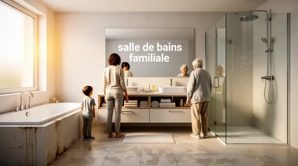 Vue salle de bains familiale moderne avec baignoire, douche, double vasque et rangements