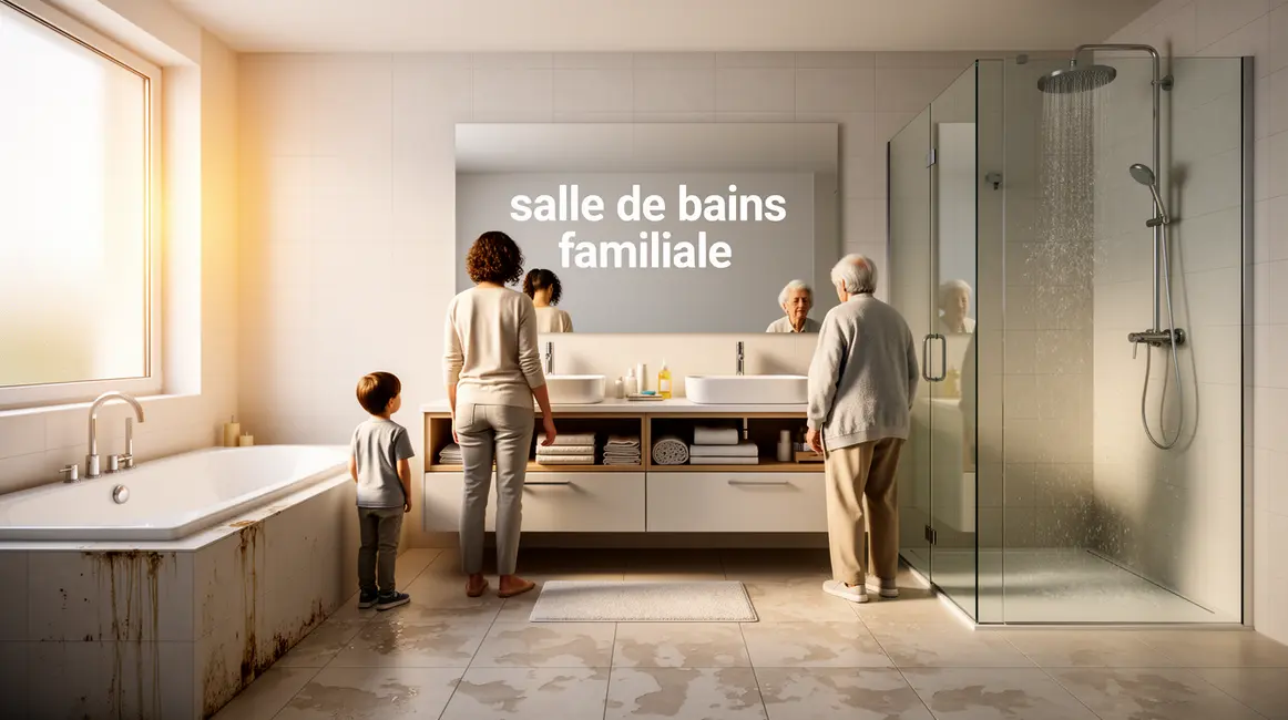 salle de bains familiale : questions à se poser avant d’agir 2 Vue salle de bains familiale moderne avec baignoire, douche, double vasque et rangements
