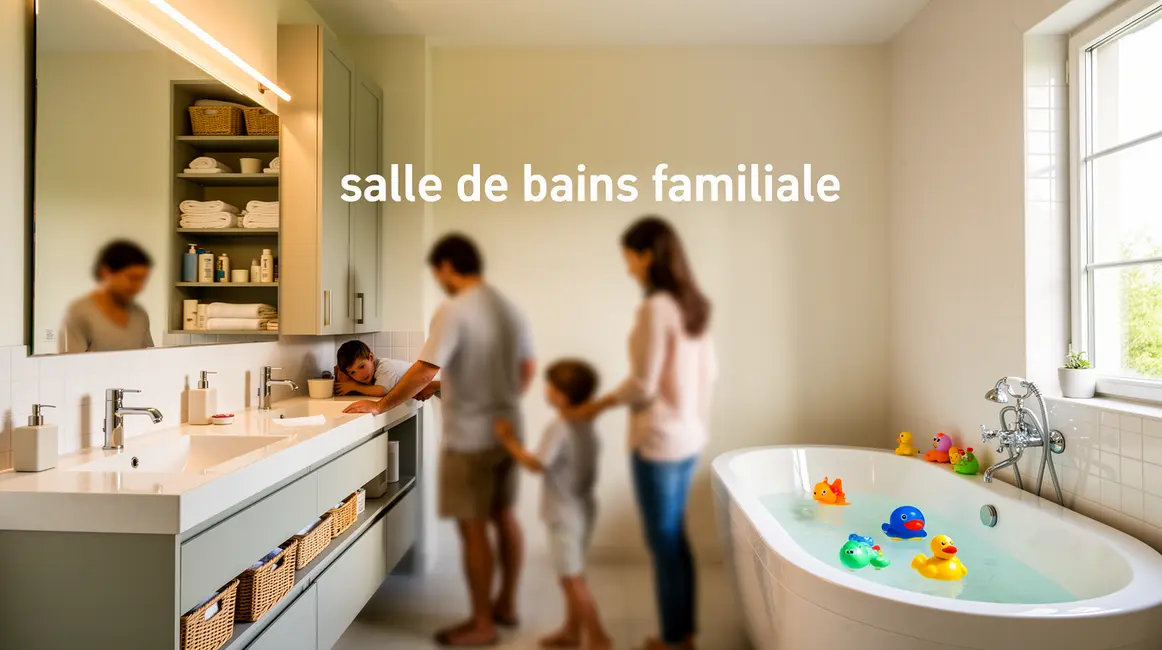 salle de bains familiale : erreurs fréquentes à éviter 2 Salle de bains familiale moderne, double vasque, rangements, parents et enfants