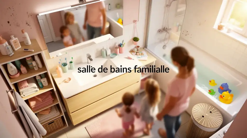 Salle de bains familiale avec meubles pratiques et silhouettes