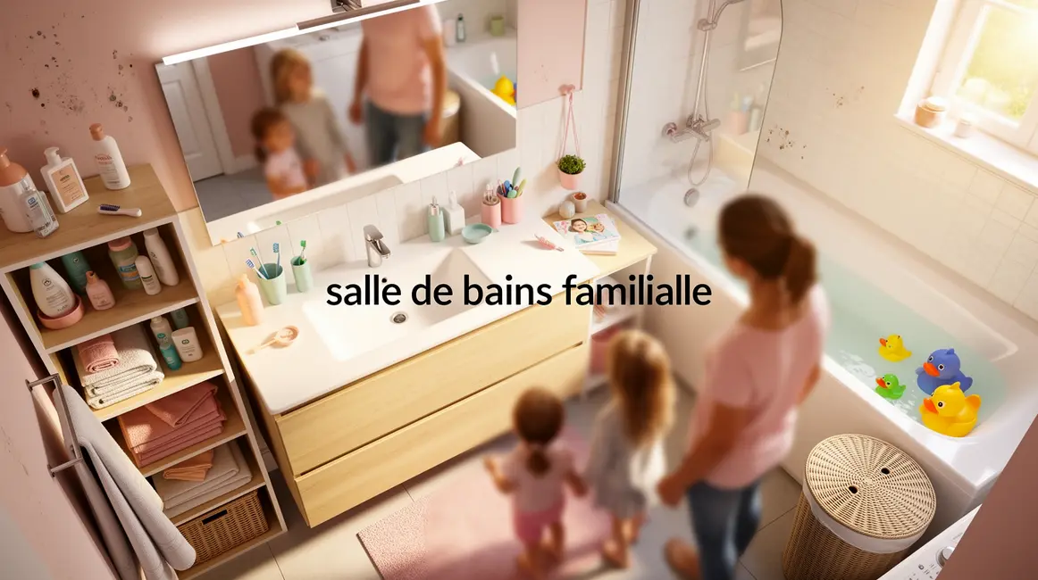 Salle de bains familiale avec meubles pratiques et silhouettes