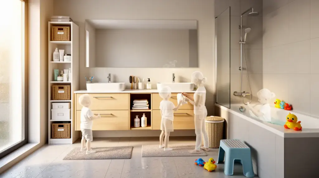 Salle de bains familiale moderne avec rangements optimises