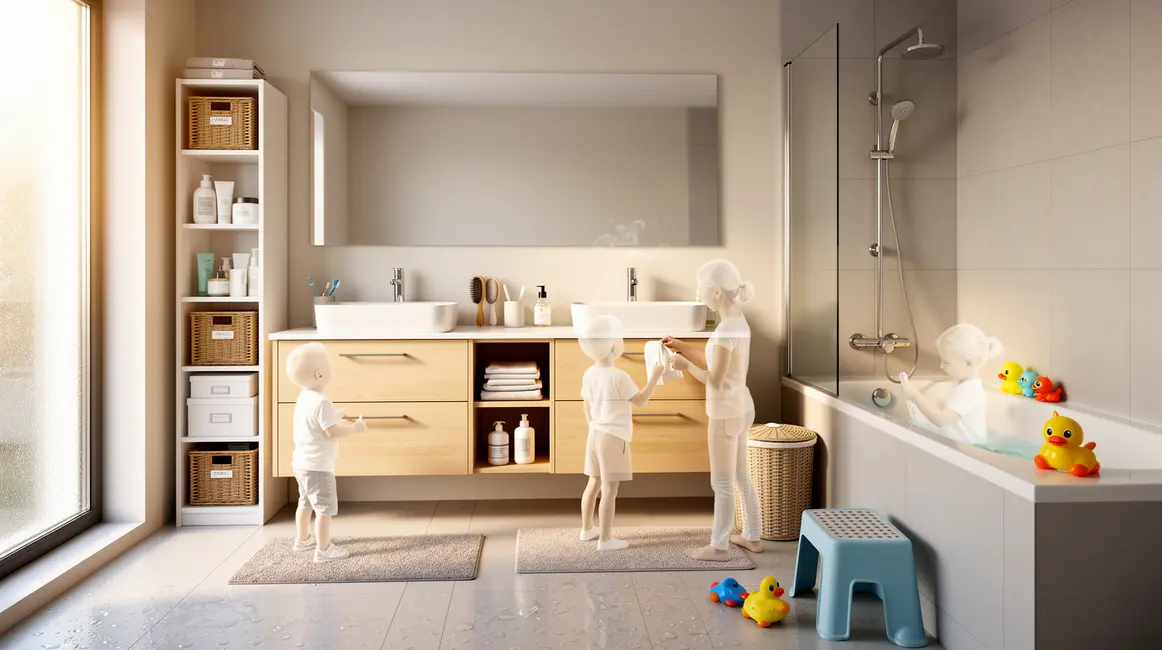 Salle de bains familiale moderne avec rangements optimises