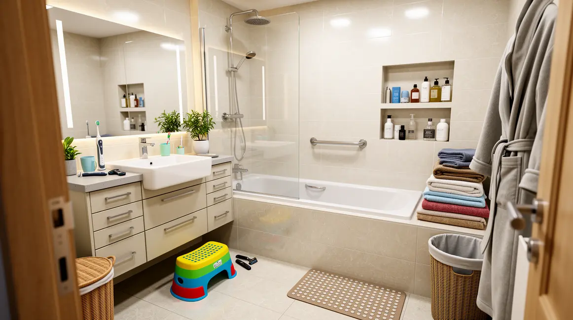 salle de bains familiale : priorités à vérifier en premier en petit budget 2 Vue générale salle de bains familiale moderne organisée