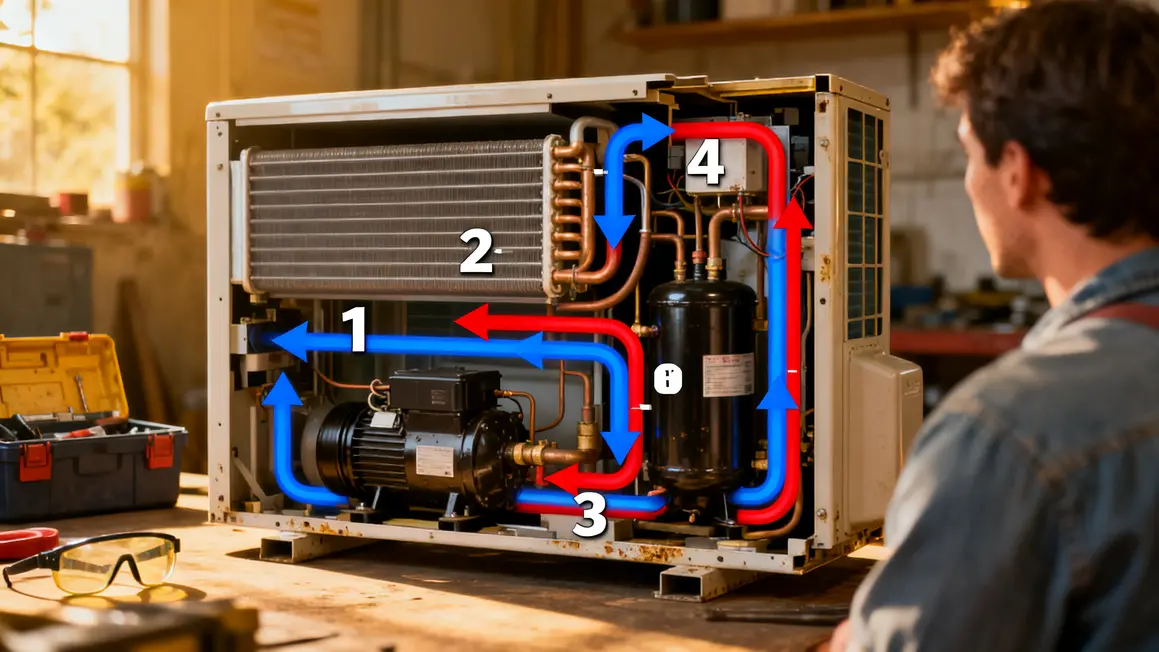 schéma pompe à chaleur étapes fluides en coupe