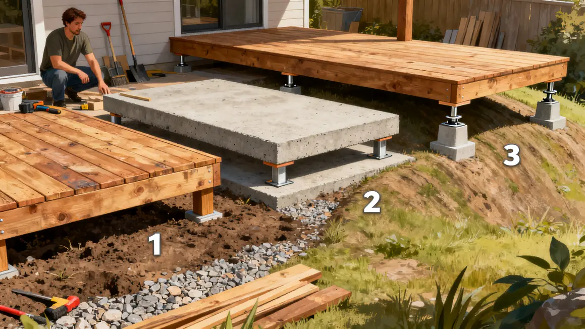 Structures terrasse bois sol nu dalle béton plots réglables