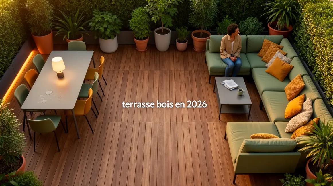 Vue plongeante terrasse bois 2026 contemporaine zones repas et detente