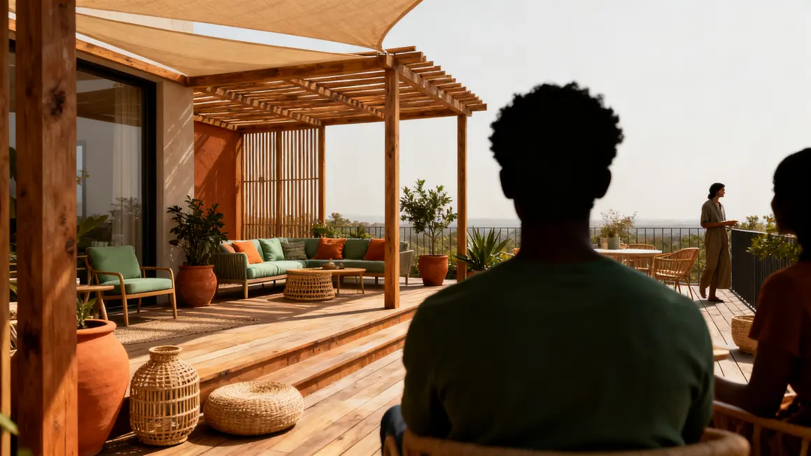Scene terrasse bois 2026 espaces modulaires mobilier naturel teintes tendances