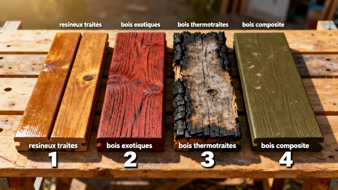 Differents types de lames terrasse bois 2026 resineux exotiques composite thermotraite