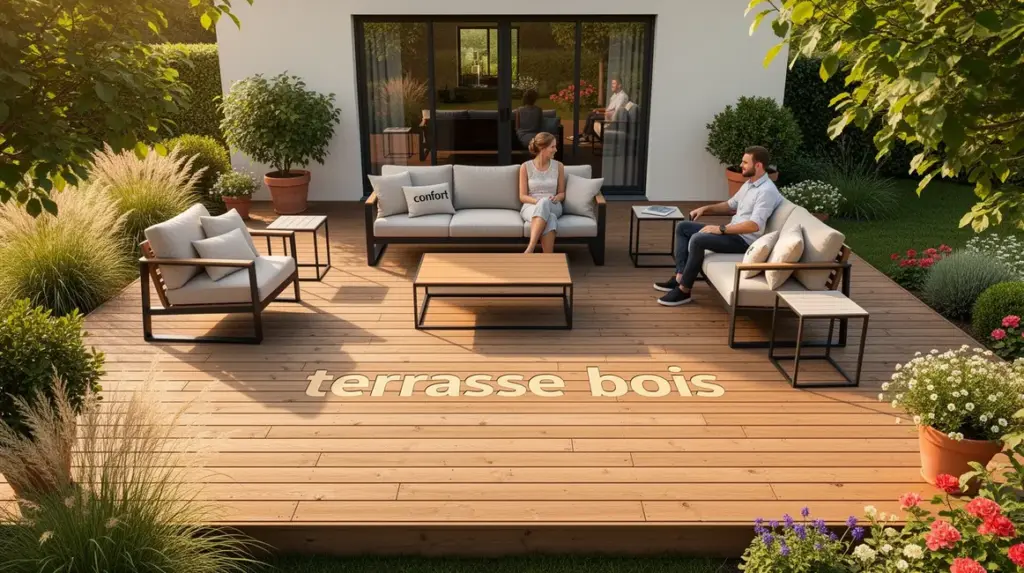 terrasse bois moderne avec végétation et mobilier standard