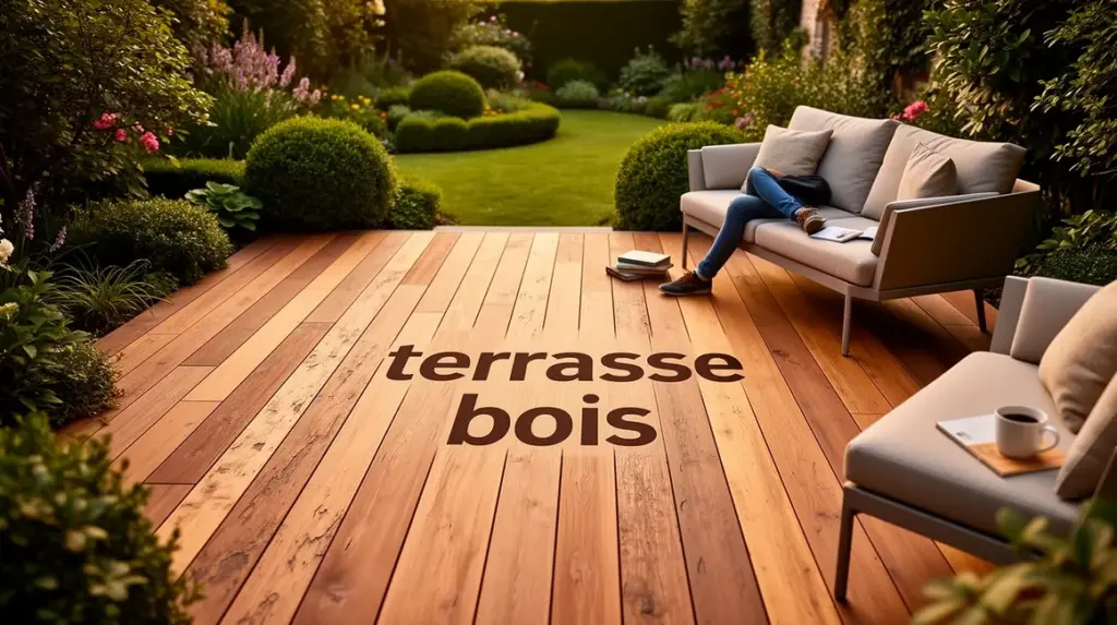 terrasse bois avec mobilier moderne et plantes