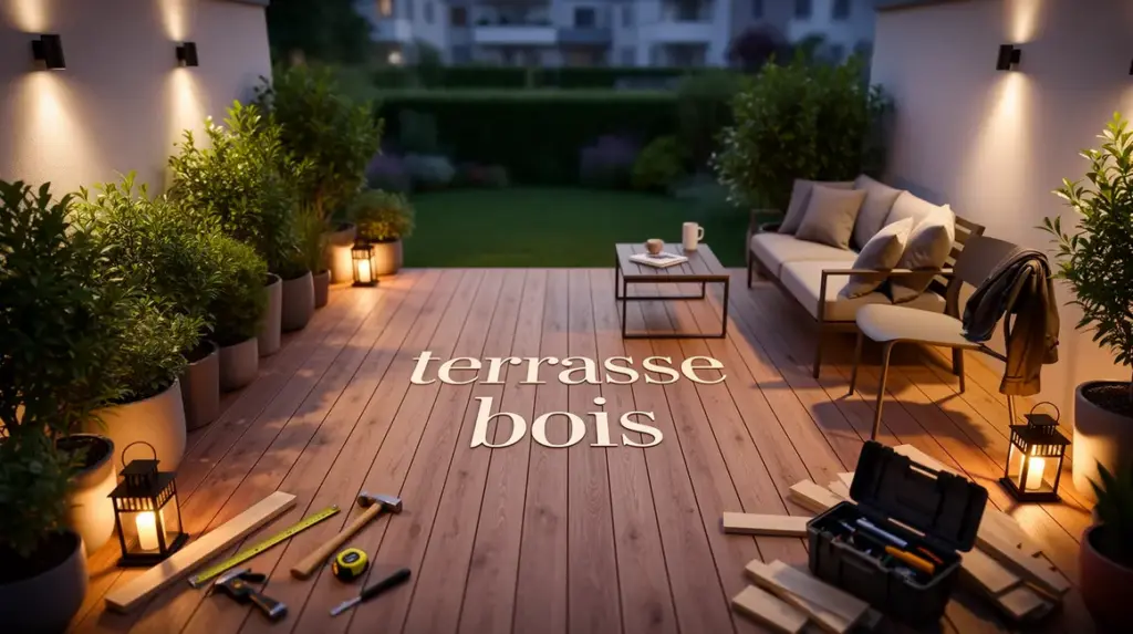 Vue d'ensemble terrasse bois mobilier extérieur terrasse bois