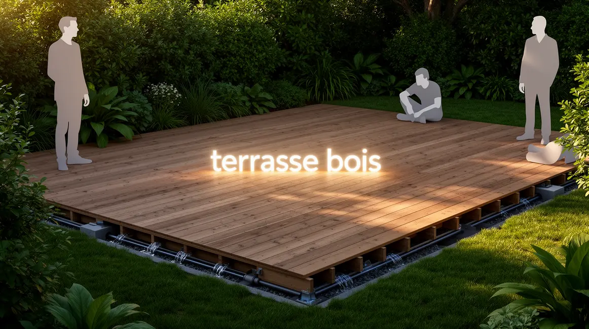 terrasse bois : priorités à vérifier en premier 2 Vue d'une terrasse bois stable et verdoyante, drainage efficace