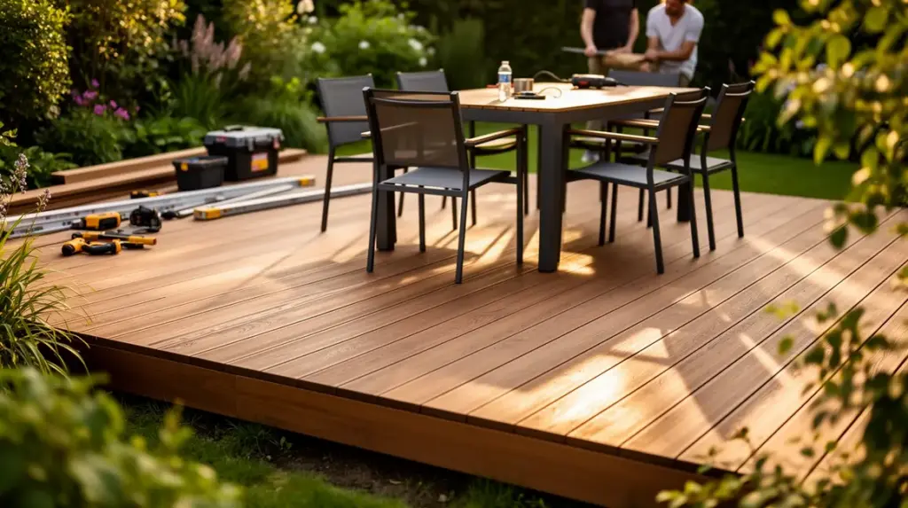 Terrasse bois contemporaine vue d'ensemble avec outils
