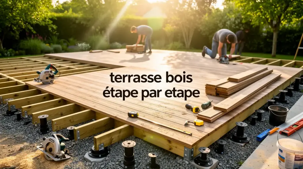 Construction terrasse bois moderne avec outils et matériaux