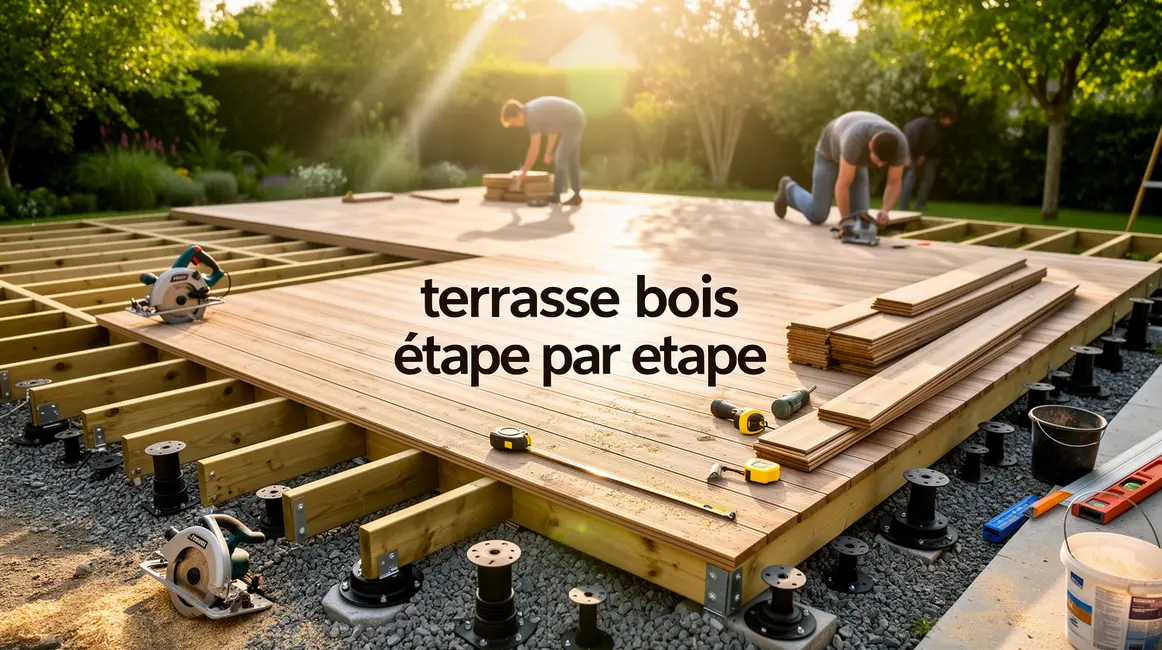 Construction terrasse bois moderne avec outils et matériaux